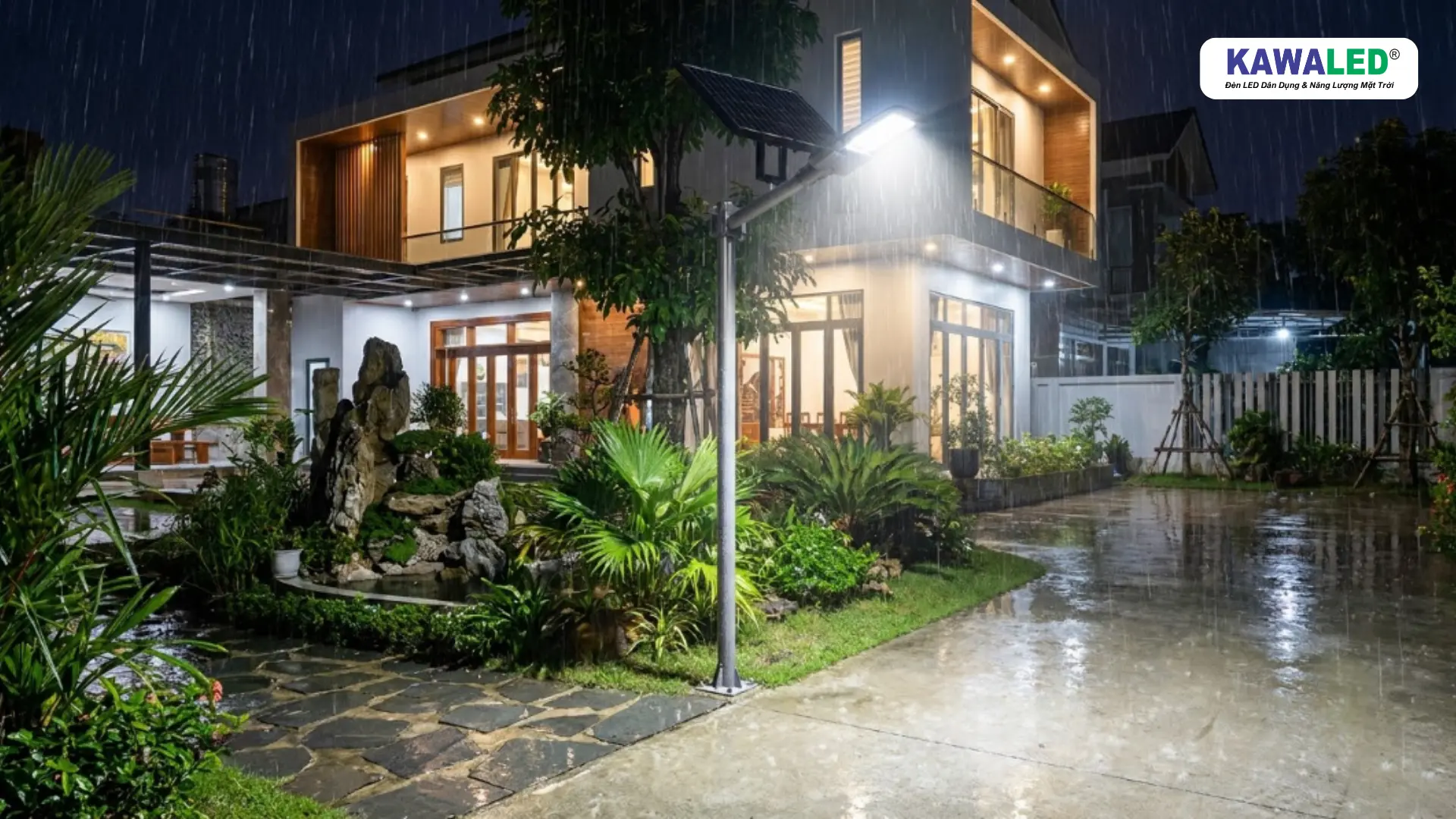 Đèn chiếu sáng ngoài trời KAWALED hoạt động trong điều kiện trời mưa