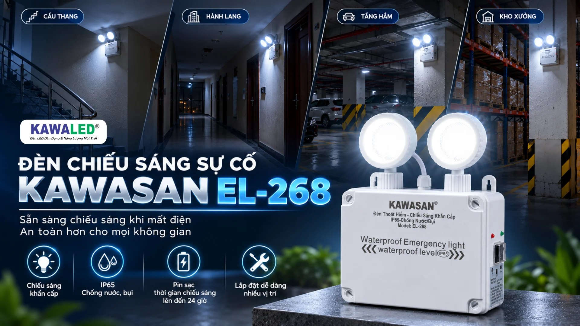 Đèn chiếu sáng sự cố KAWASAN EL-268 cho cầu thang hành lang tầng hầm và kho xưởng