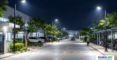 Đèn đường LED chiếu sáng đường nội bộ và bãi xe nhà xưởng vào ban đêm