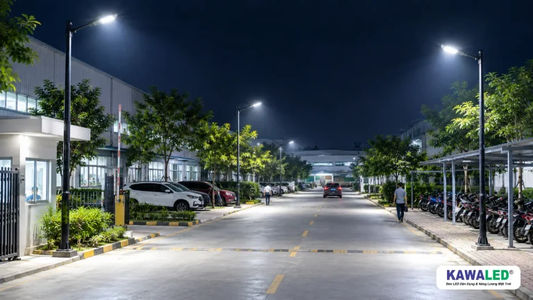 Đèn đường LED chiếu sáng đường nội bộ và bãi xe nhà xưởng vào ban đêm