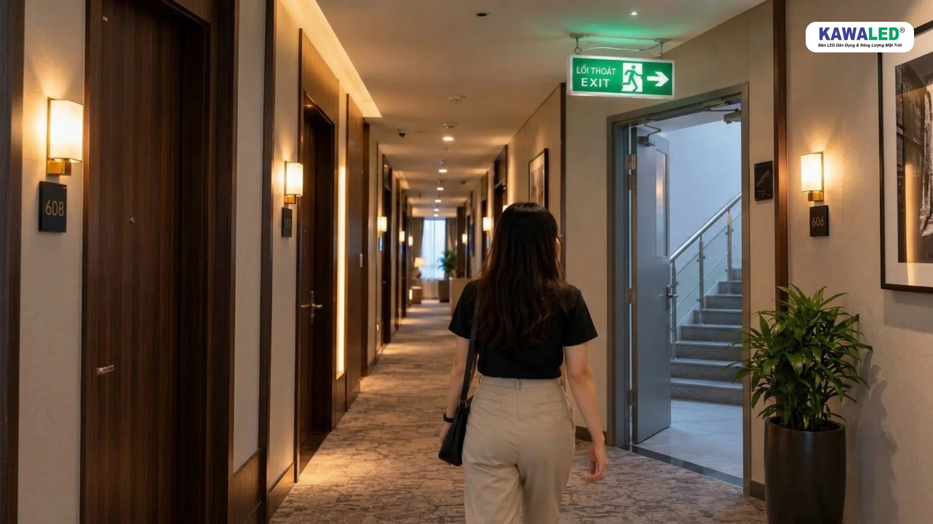 Đèn EXIT thoát hiểm chỉ dẫn cửa cầu thang trong khách sạn