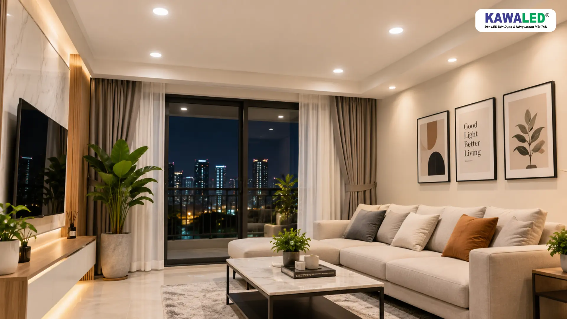 Đèn LED âm trần lắp hoàn thiện trong phòng khách trần thạch cao