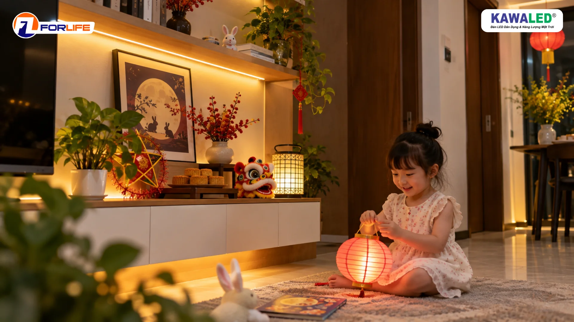 Đèn LED COB trang trí Trung Thu được lắp gọn trên kệ ngoài tầm với của trẻ