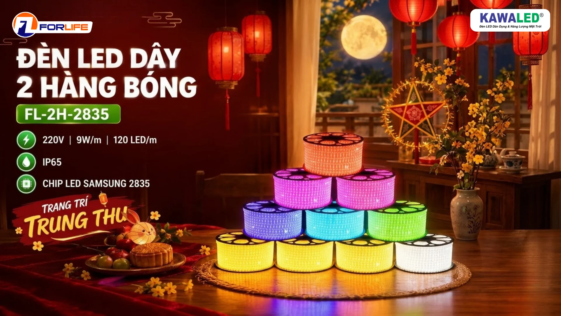 Đèn LED dây 2 hàng bóng FORLIFE FL-2H-2835 nhiều màu dùng trang trí Trung Thu