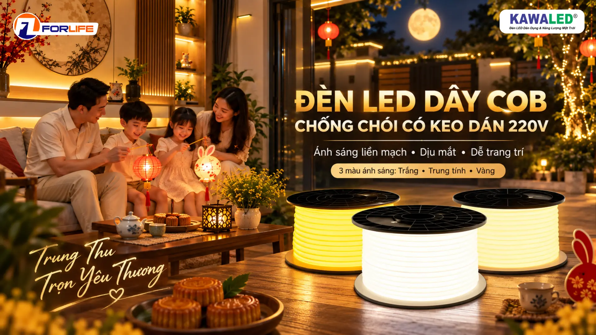Đèn LED dây COB chống chói KAWALED 220V ba màu ánh sáng dùng trang trí Trung Thu