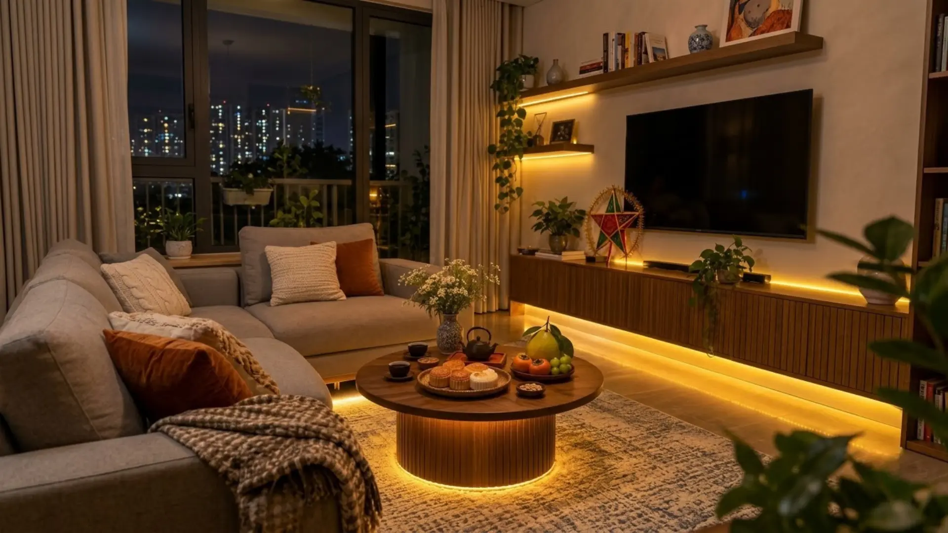 Đèn LED dây trang trí phòng khách và bàn bánh Trung Thu tại nhà