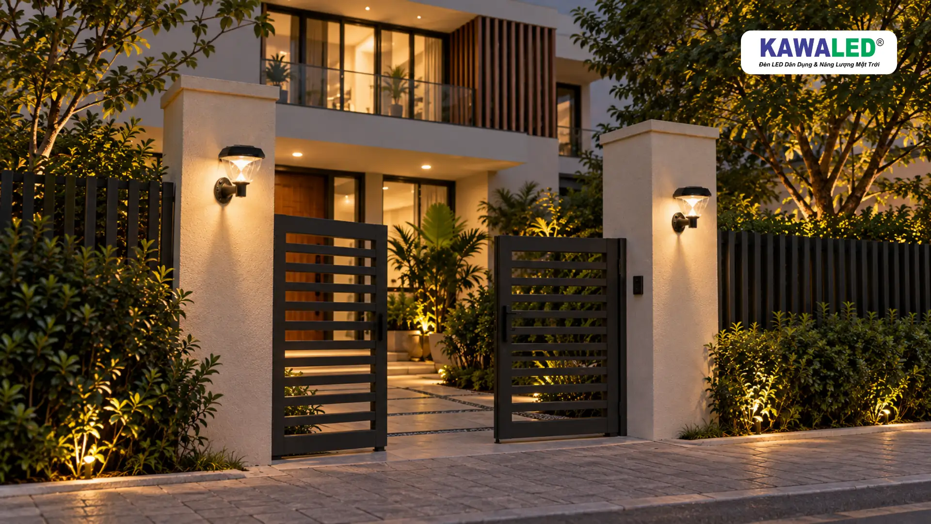 Đèn năng lượng mặt trời gắn tường KAWALED SGC2-3M chiếu sáng trụ cổng nhà phố vào ban đêm