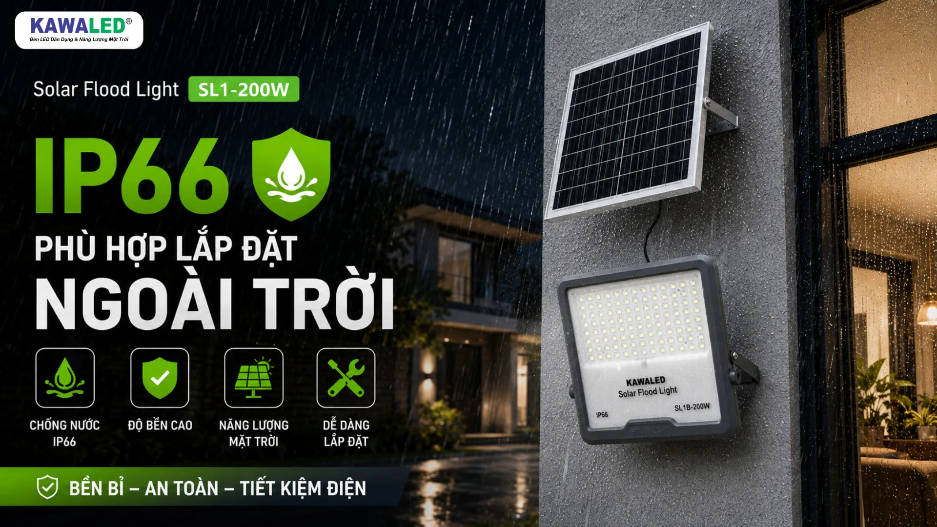 Đèn năng lượng mặt trời ngoài trời IP66 KAWALED SL1-200W