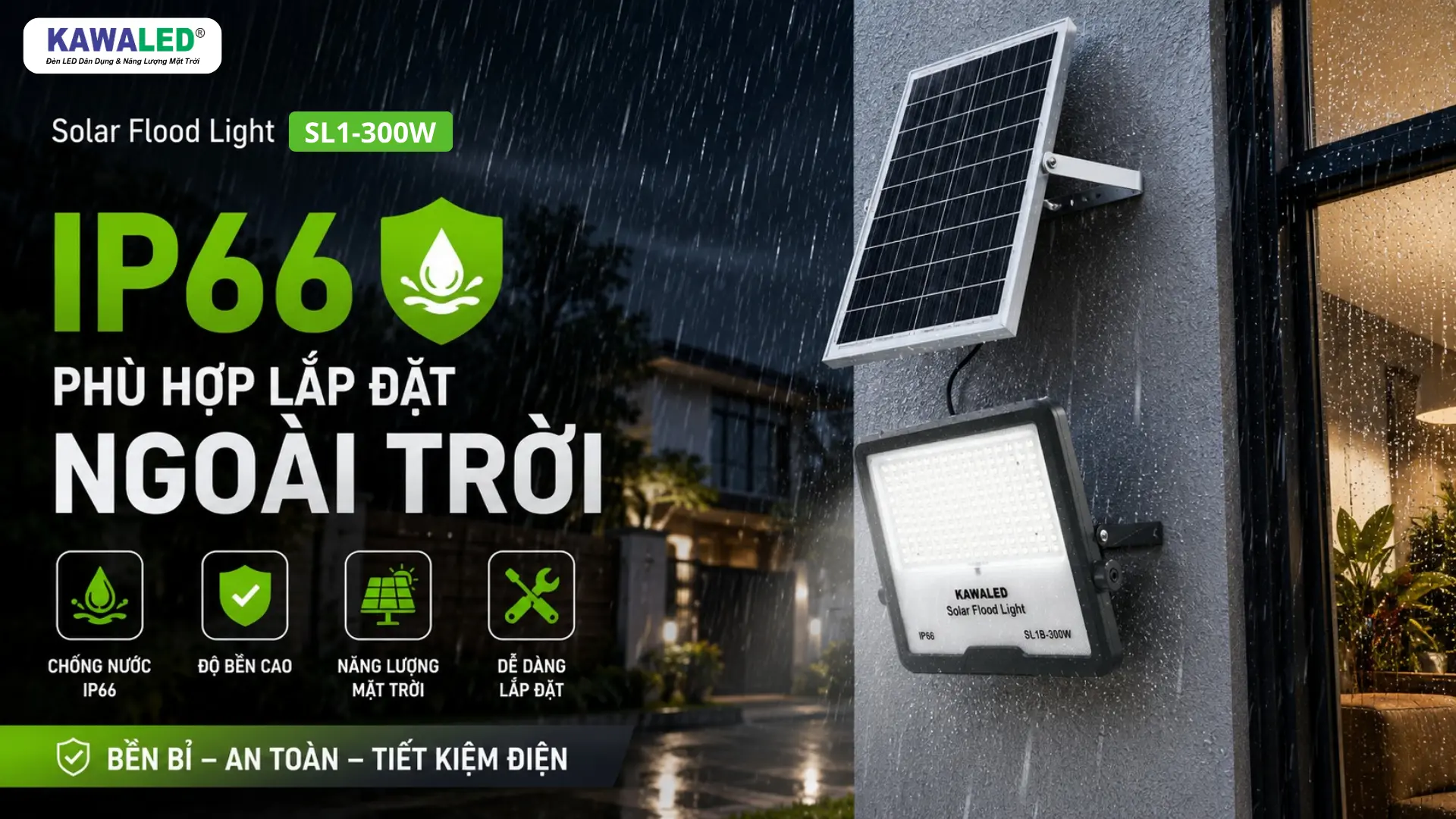 Đèn năng lượng mặt trời IP66 KAWALED SL1-300W lắp đặt ngoài trời khi mưa