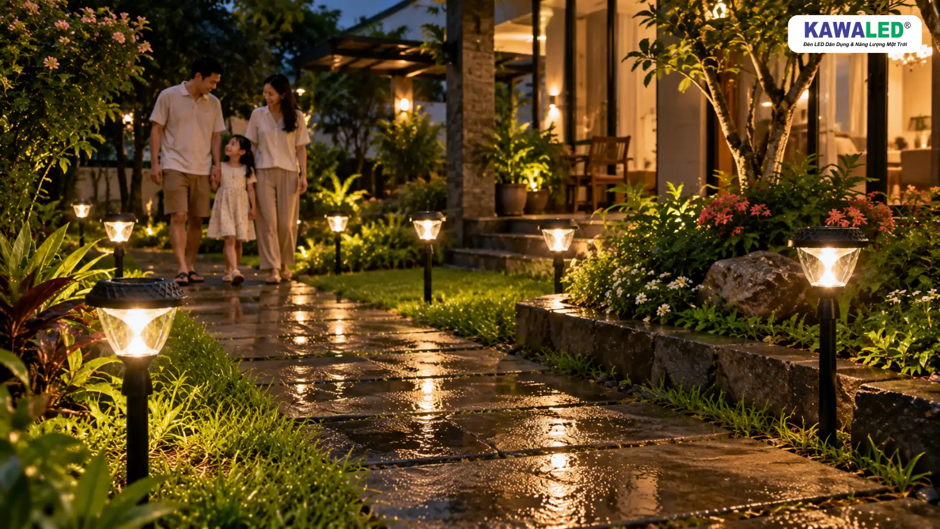Gia đình đi dạo trong sân với đèn năng lượng trang trí sân vườn chiếu sáng lối đi