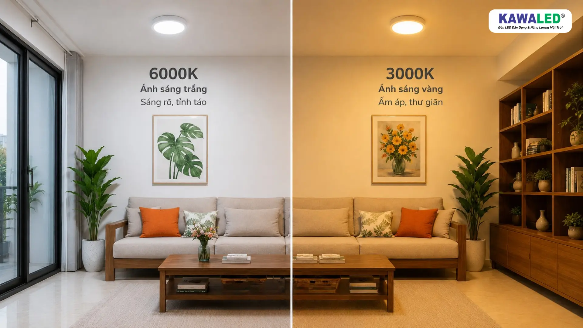 Đèn ốp trần tròn ánh sáng trắng 6000K và ánh sáng vàng 3000K trong phòng khách