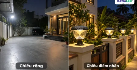 So sánh đèn pha chiếu rộng và đèn trụ cổng năng lượng mặt trời chiếu điểm nhấn