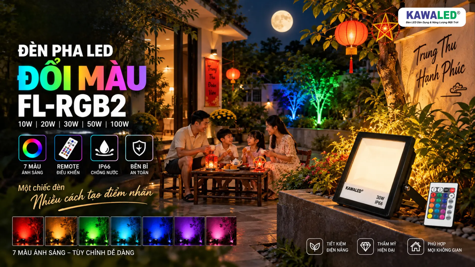 Đèn pha đổi màu FL-RGB2 KAWALED với remote và nhiều màu ánh sáng trang trí ngoài trời