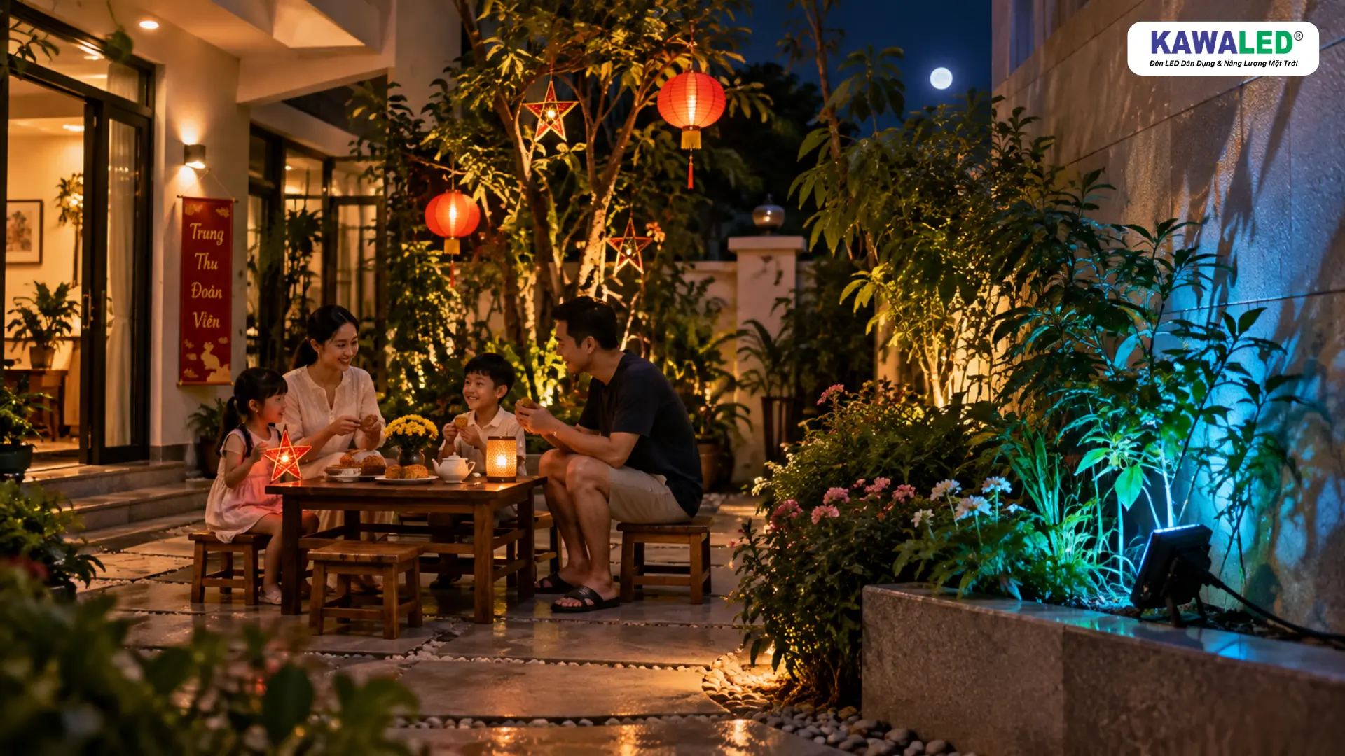 Đèn pha đổi màu xanh dương chiếu hắt cây và tường trong sân nhà Trung Thu
