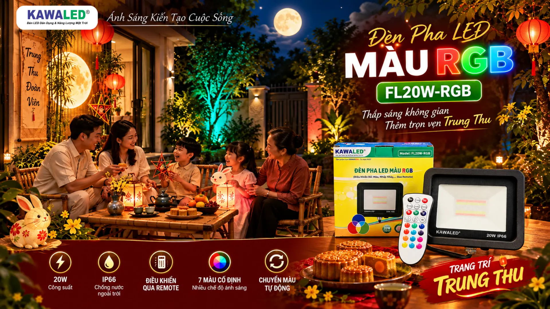 Đèn pha LED đổi màu KAWALED FL20W-RGB dùng tạo điểm nhấn ánh sáng trang trí Trung Thu