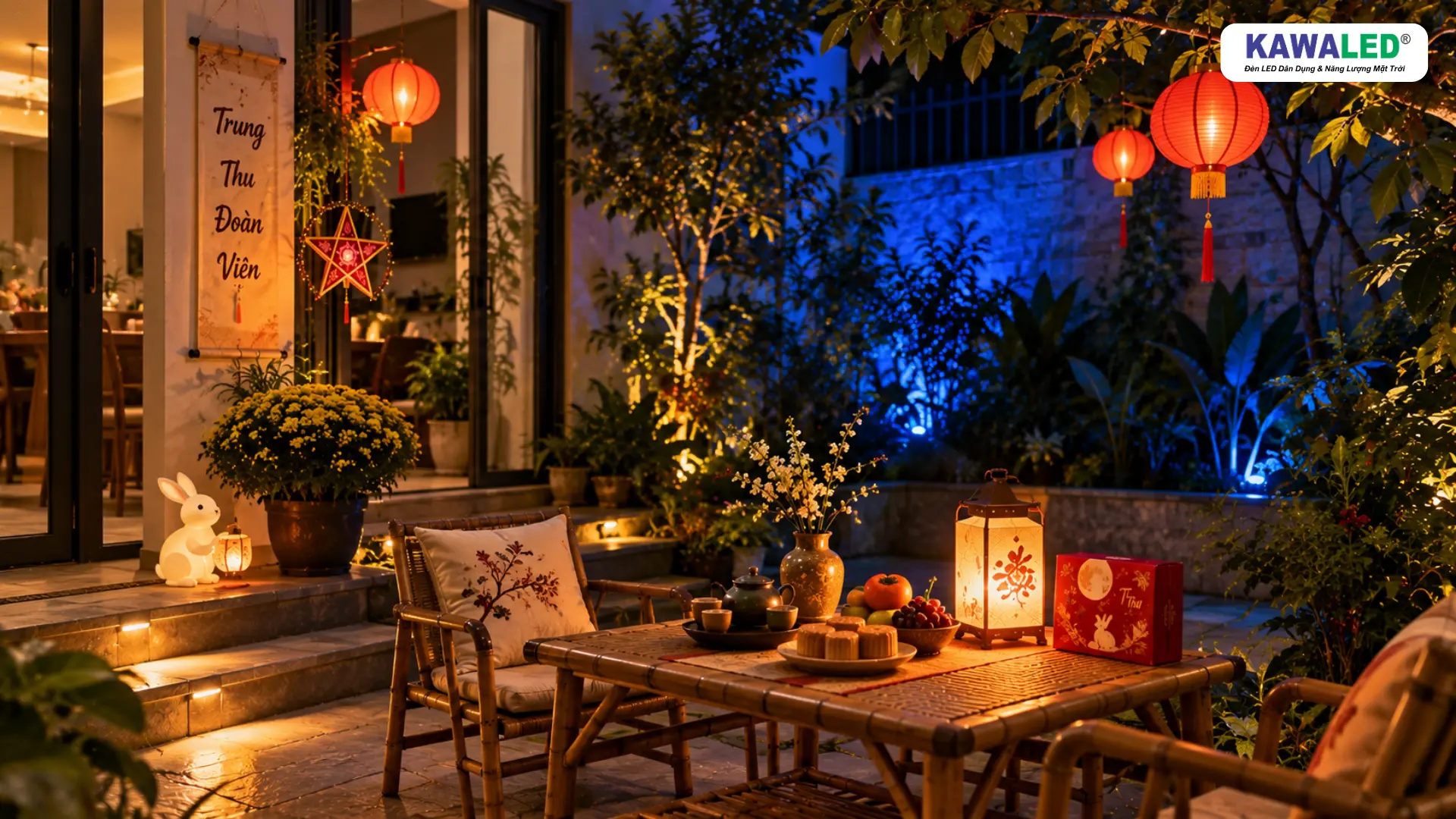 Đèn pha LED đổi màu xanh dương chiếu hắt cây khi trang trí Trung Thu ngoài trời