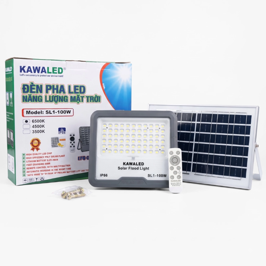 Đèn pha năng lượng mặt trời 100W KAWALED SL1-100W đầy đủ bộ sản phẩm