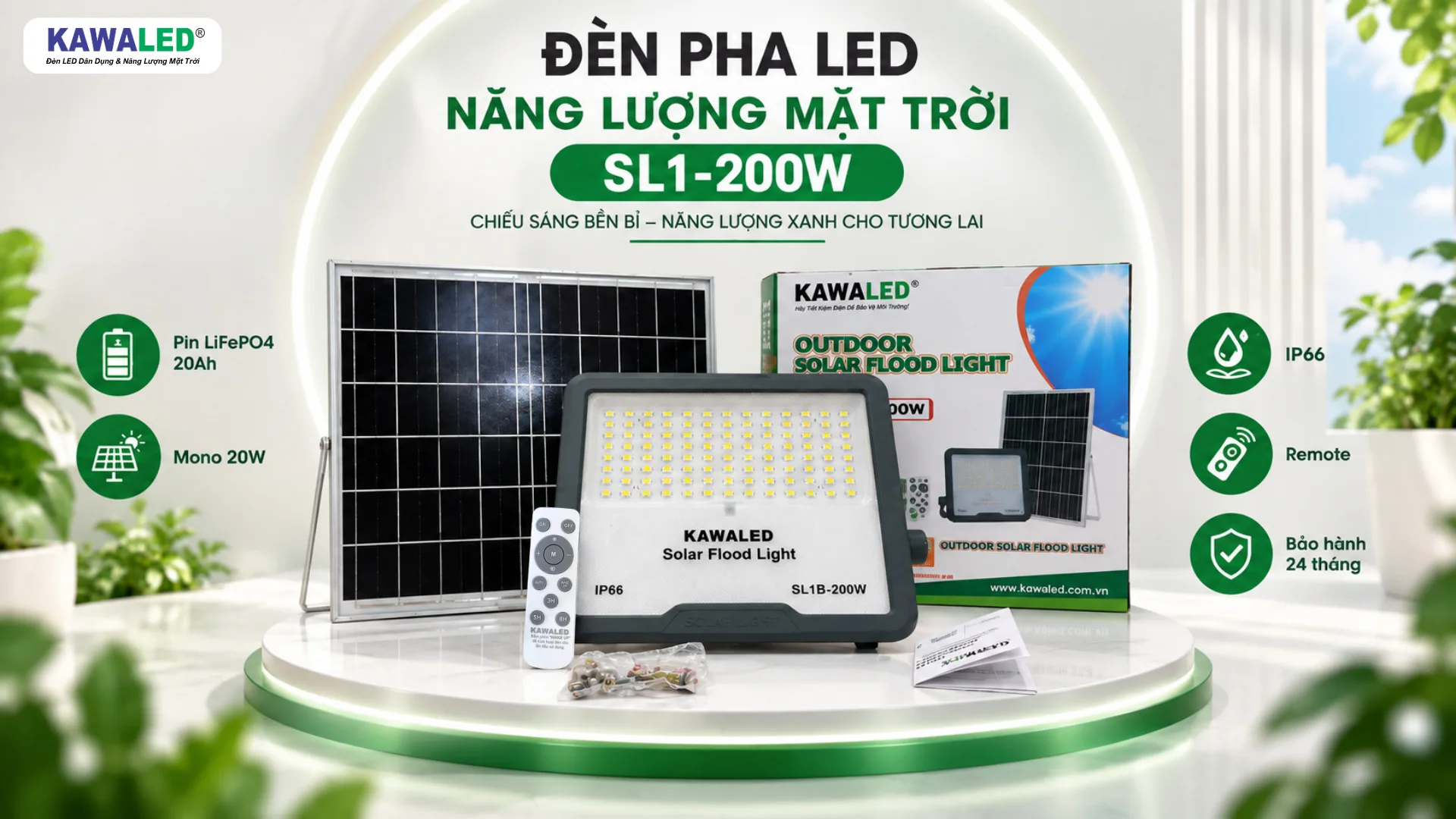 Đèn pha năng lượng mặt trời 200W KAWALED SL1-200W kèm tấm pin và remote