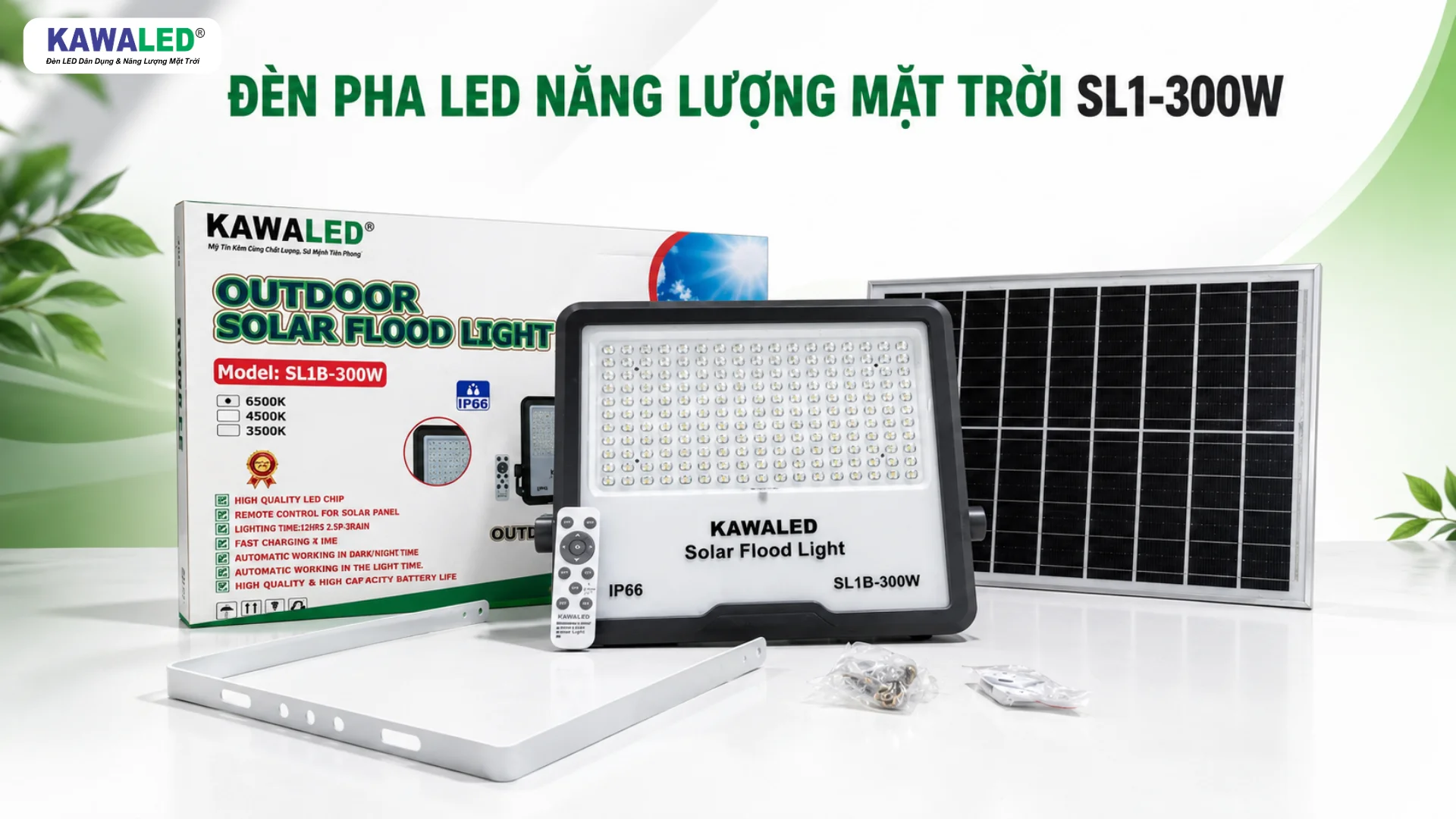 Đèn pha năng lượng mặt trời 300W KAWALED SL1-300W gồm đèn, tấm pin, remote và phụ kiện