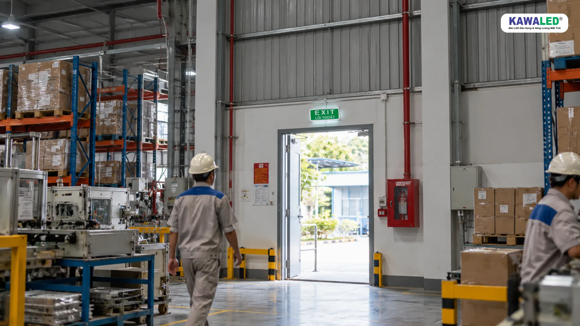 Đèn thoát hiểm PCCC lắp phía trên cửa thoát hiểm nhà xưởng