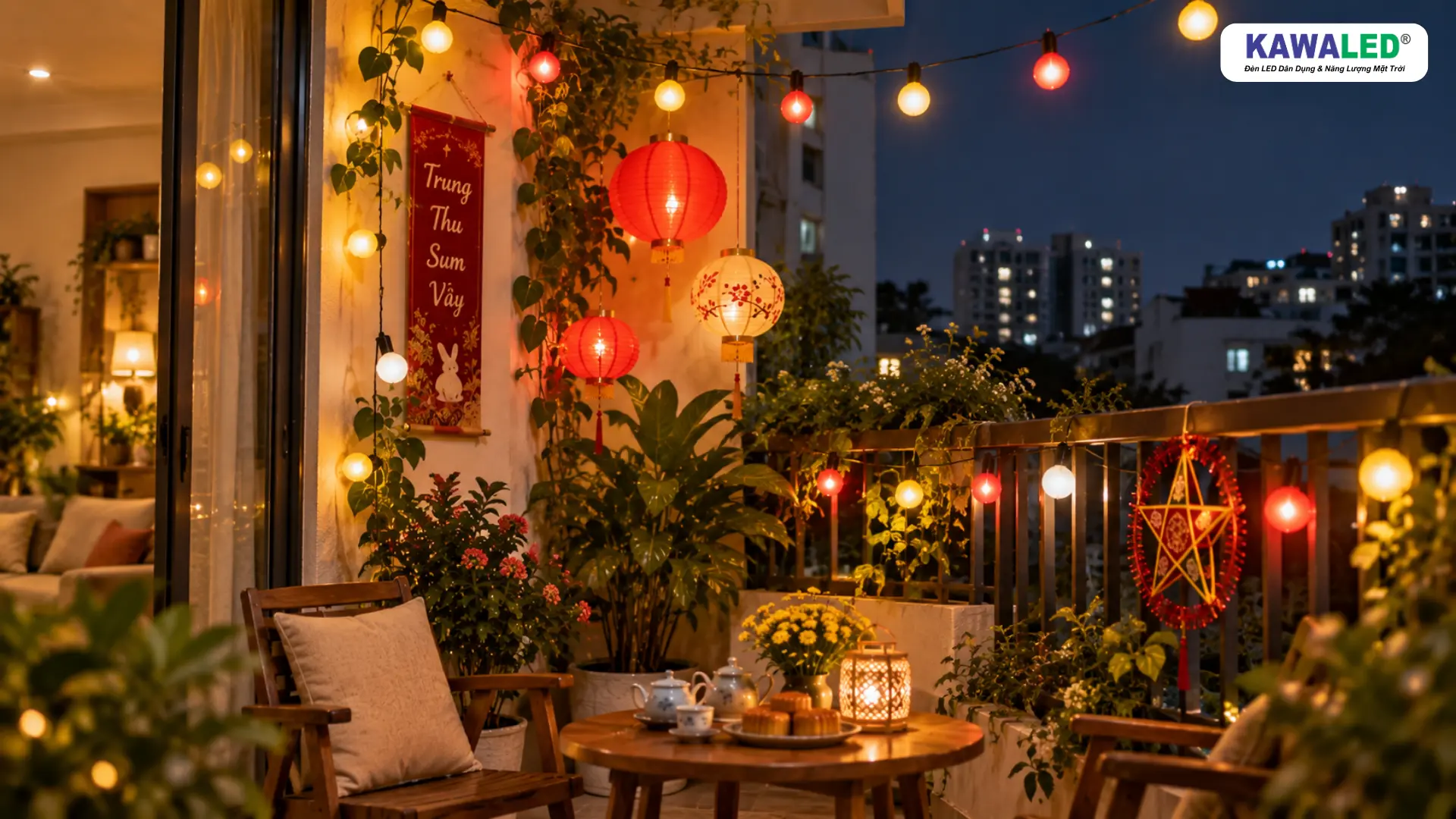 Đèn trang trí Trung Thu KAWALED B2W tại ban công với ánh sáng vàng đỏ trắng