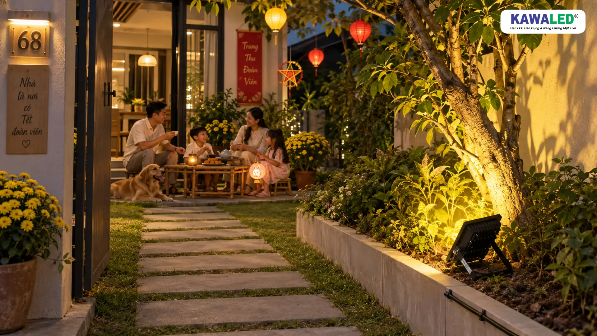 Dây đèn LED trang trí ngoài trời đi gọn sát bồn cây và không chắn lối đi