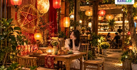 Góc check-in với đèn trang trí Trung Thu trong quán cafe