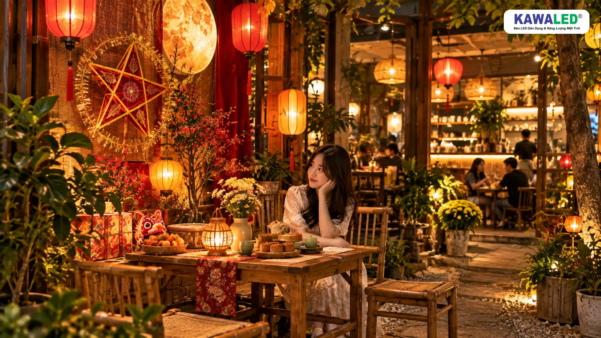 Góc check-in với đèn trang trí Trung Thu trong quán cafe