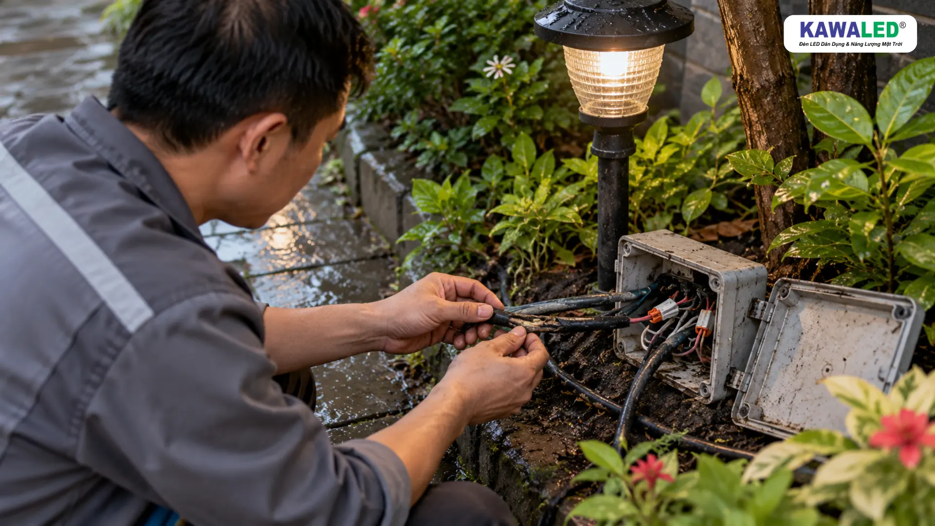 Thợ điện kiểm tra dây điện ngoài trời và hộp nối bị xuống cấp trong sân vườn