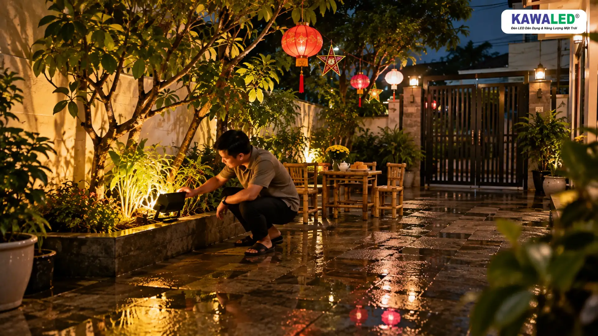 Người kiểm tra đèn LED trang trí ngoài trời tại sân nhà sau cơn mưa