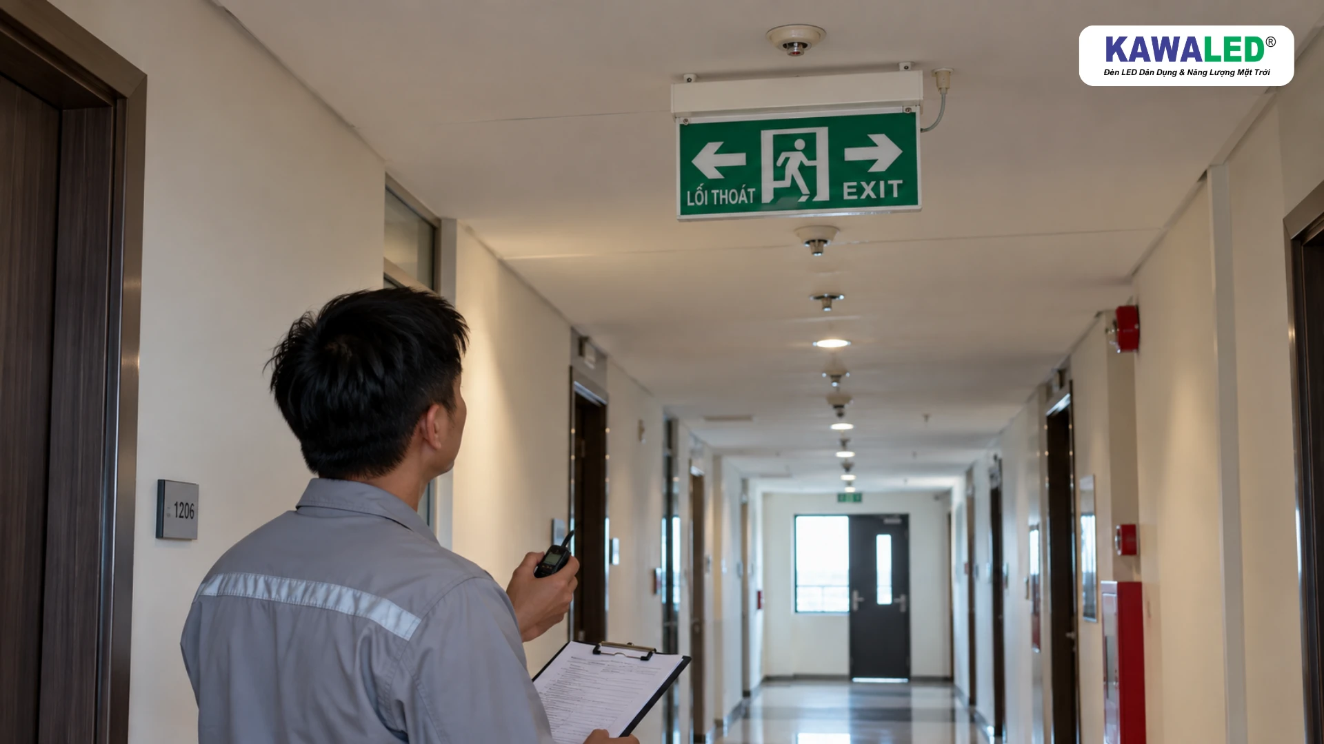 Kỹ thuật viên kiểm tra hệ thống đèn exit thoát hiểm