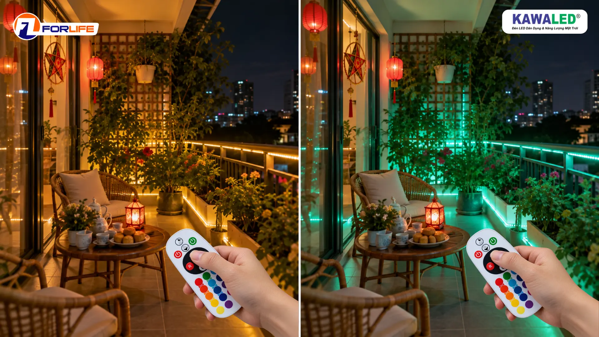 So sánh LED dây đổi màu vàng ấm và xanh ngọc trên cùng một ban công