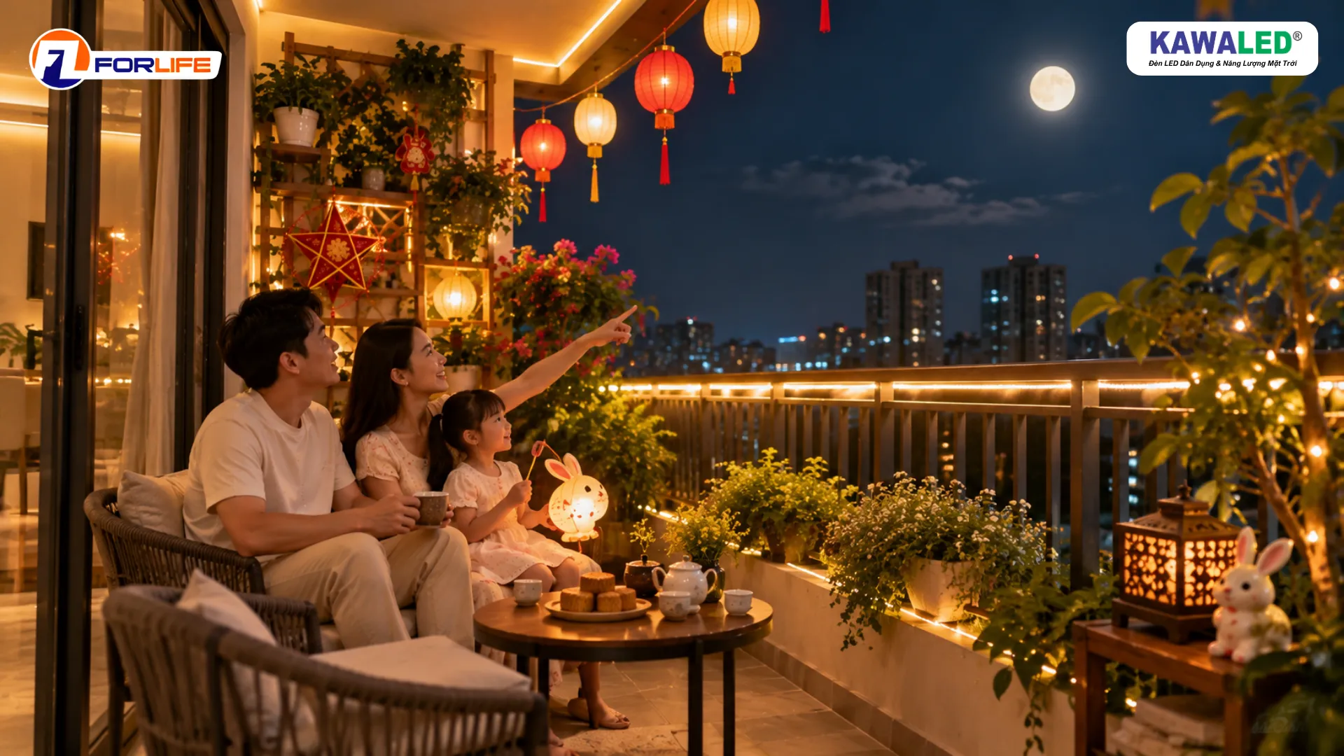 LED dây ngoài trời trang trí ban công Trung Thu cho gia đình có trẻ nhỏ