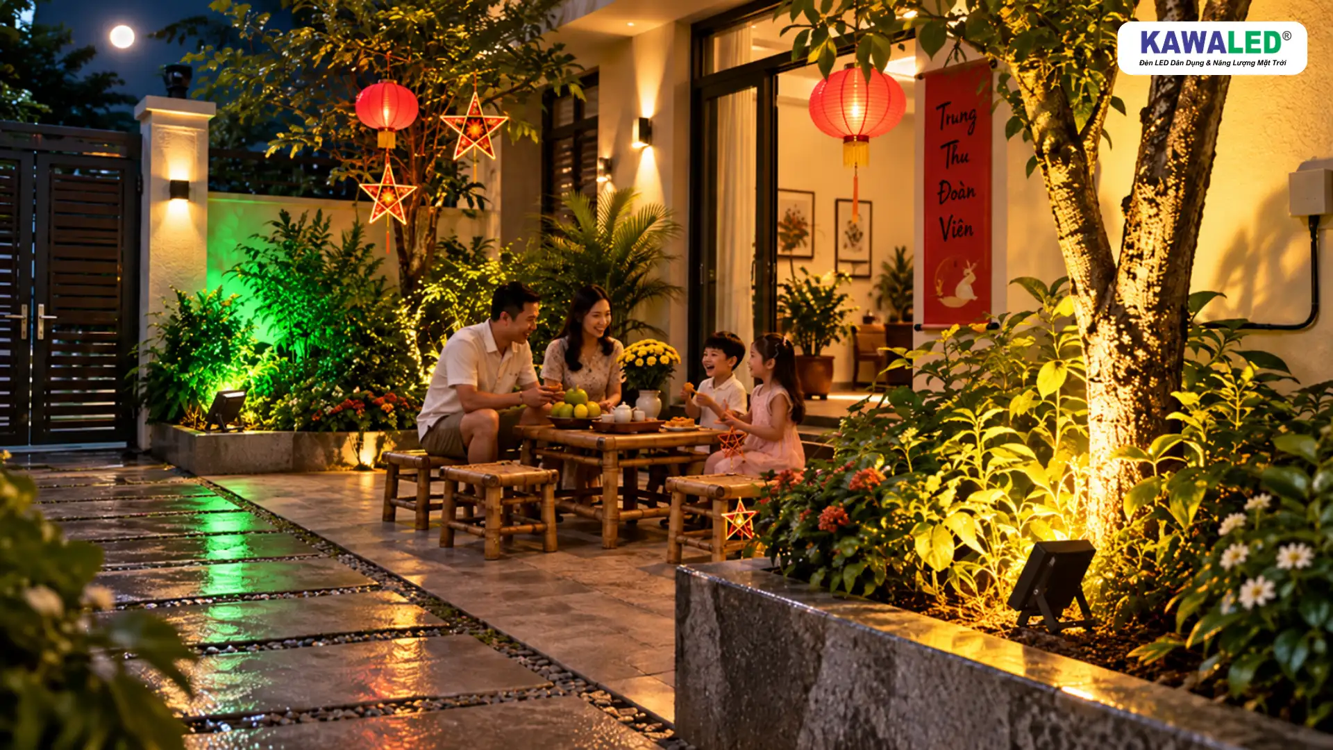 Phối ánh sáng vàng ấm và xanh lá bằng đèn pha đổi màu trong sân Trung Thu