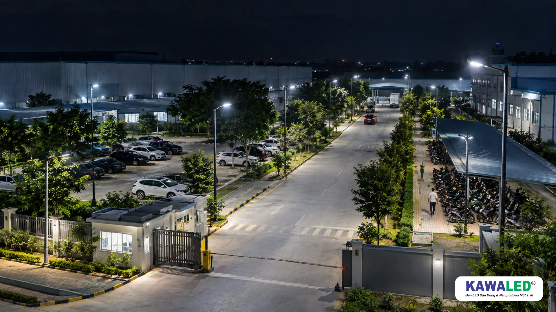 Thiết kế chiếu sáng ngoài nhà với đèn đường LED cho đường nội bộ và bãi xe nhà xưởng