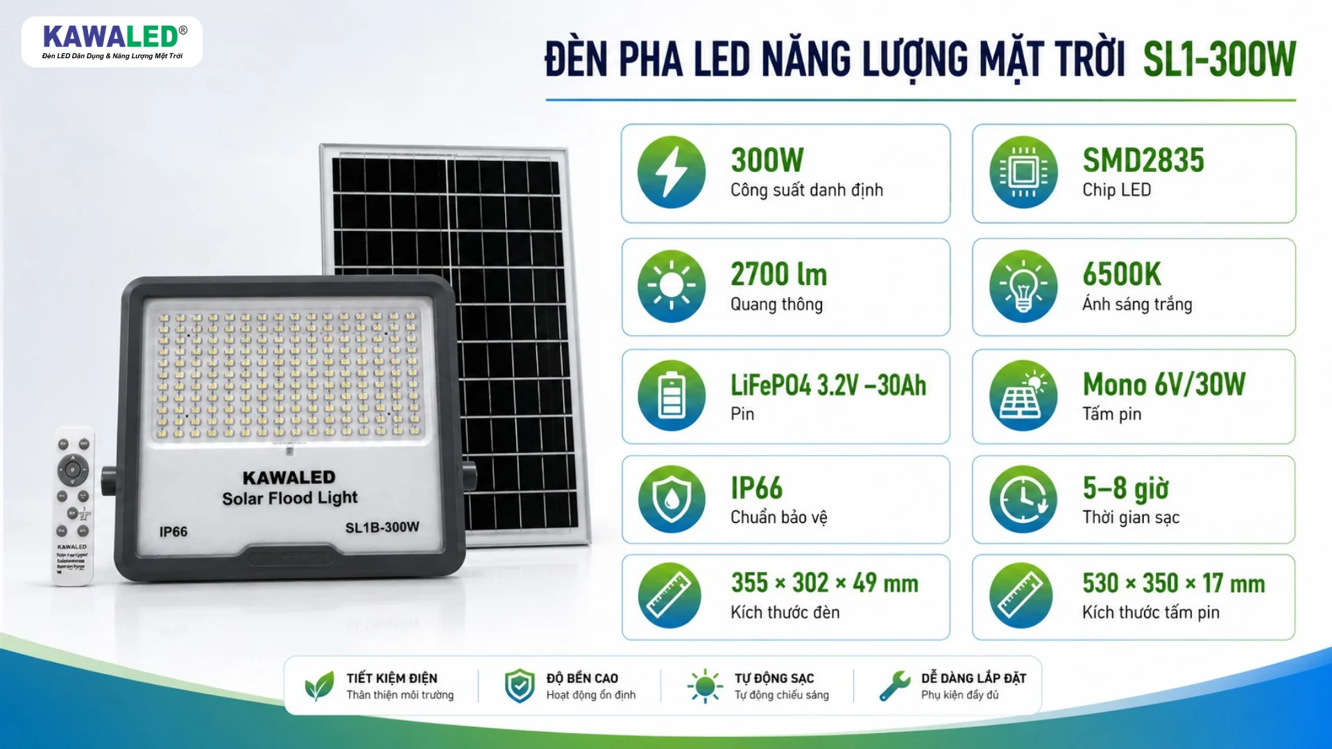 Thông số kỹ thuật đèn năng lượng mặt trời 300W KAWALED SL1-300W