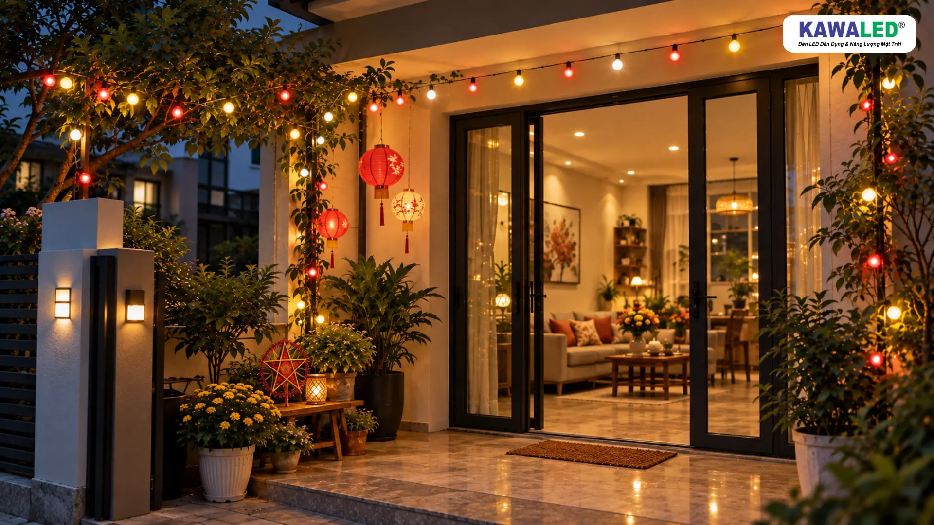 Hiên nhà Việt Nam trang trí Trung Thu bằng lồng đèn và dây đèn vàng đỏ trắng