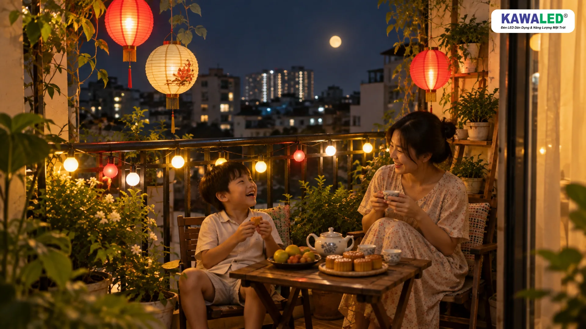 Trang trí Trung Thu tại nhà ở ban công nhỏ với mẹ và bé bên bàn trà
