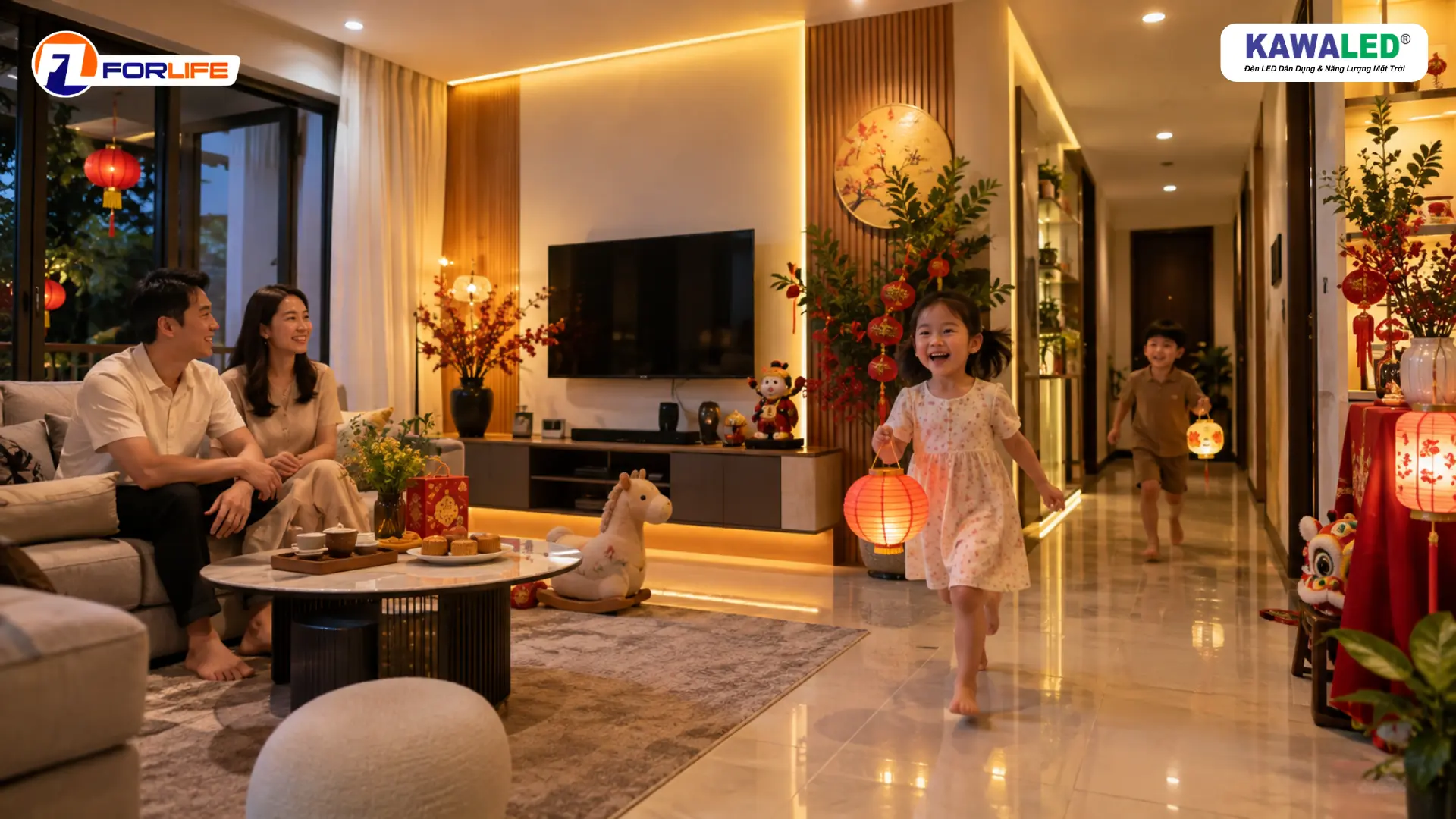 Trang trí Trung Thu cho bé với lối đi rộng và dây đèn bố trí gọn gàng