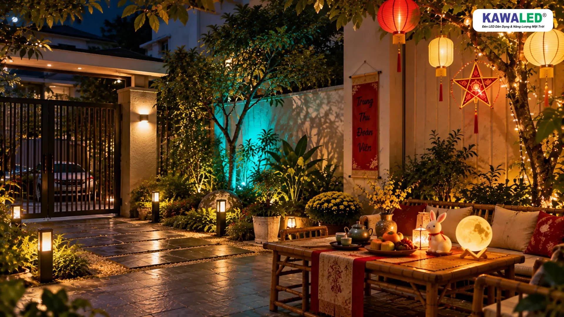 Trang trí Trung Thu ngoài trời với ánh sáng xanh ngọc chiếu cây và bàn trà vàng ấm