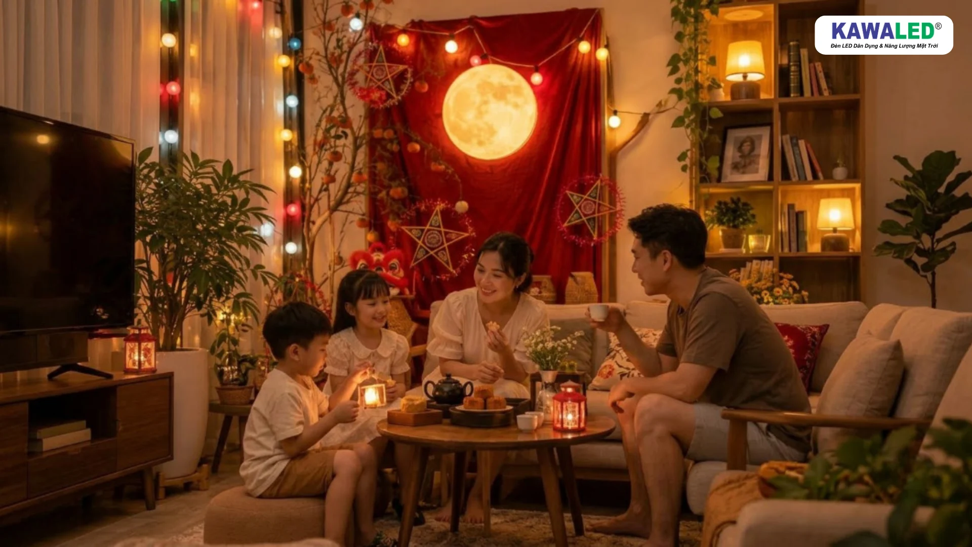 Gia đình quây quần trong phòng khách được trang trí Trung Thu ấm cúng