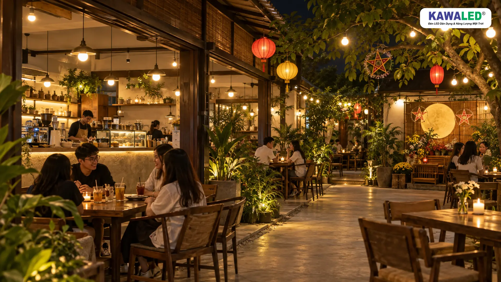 Trang trí Trung Thu quán cafe bằng đèn LED và lồng đèn