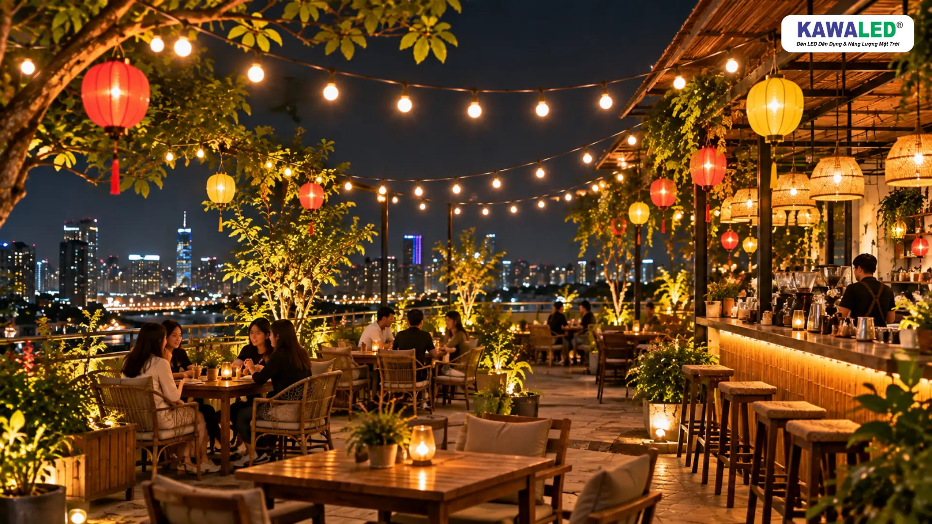 Trang trí Trung Thu quán cafe rooftop bằng bóng đèn LED tròn