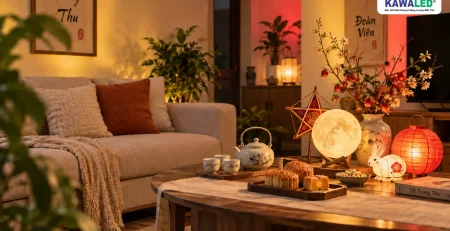 Trang trí Trung Thu tại nhà với bàn trà, mặt trăng và ánh sáng vàng đỏ hắt tường