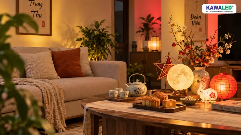 Trang trí Trung Thu tại nhà với bàn trà, mặt trăng và ánh sáng vàng đỏ hắt tường