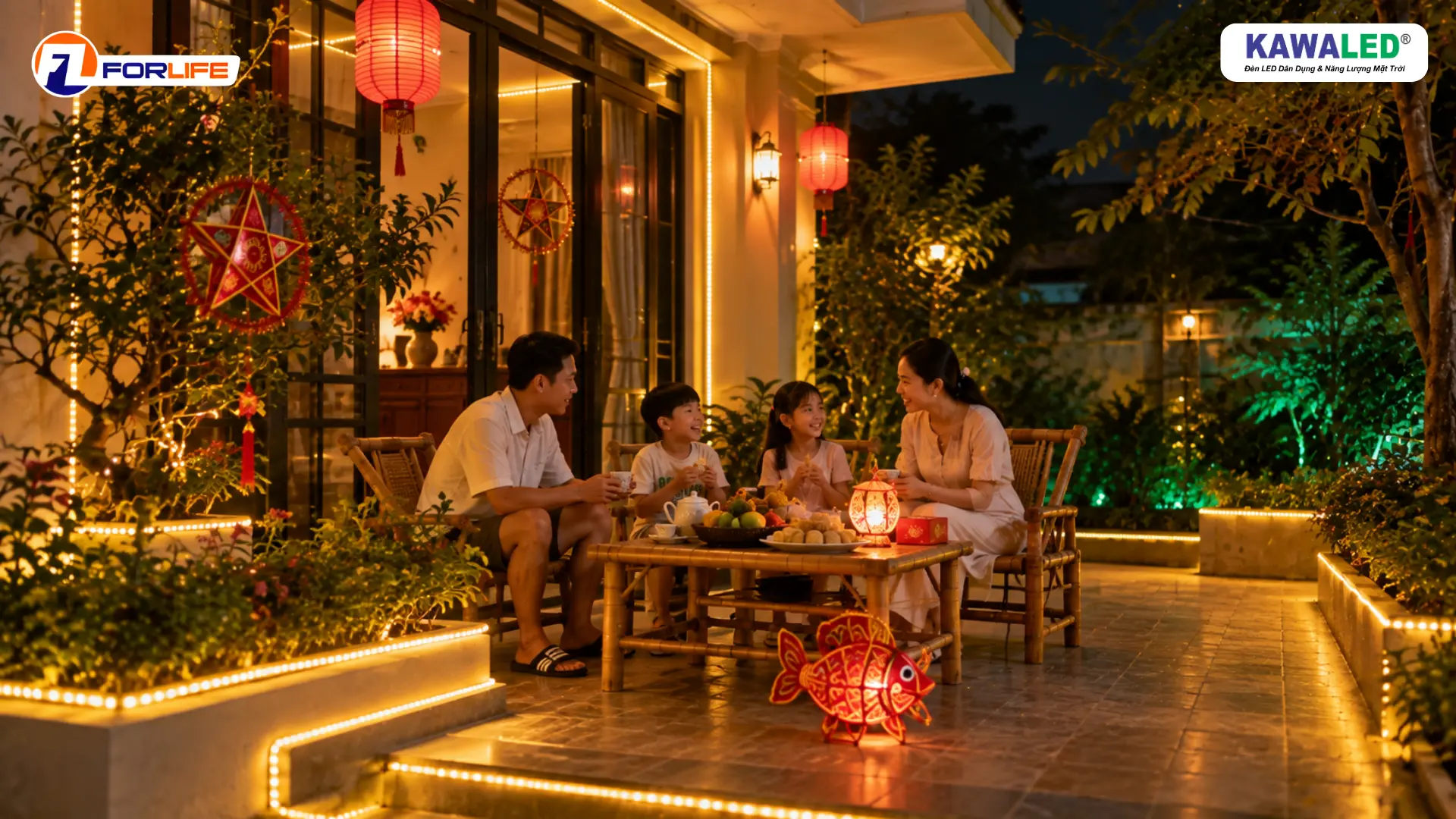 Gia đình trang trí Trung Thu tại nhà với LED dây ánh vàng ấm