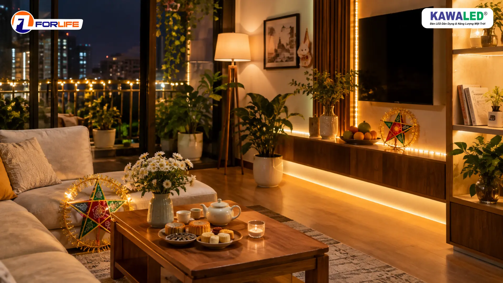 Trang trí Trung Thu tại nhà bằng đèn LED dây ánh sáng vàng trong phòng khách