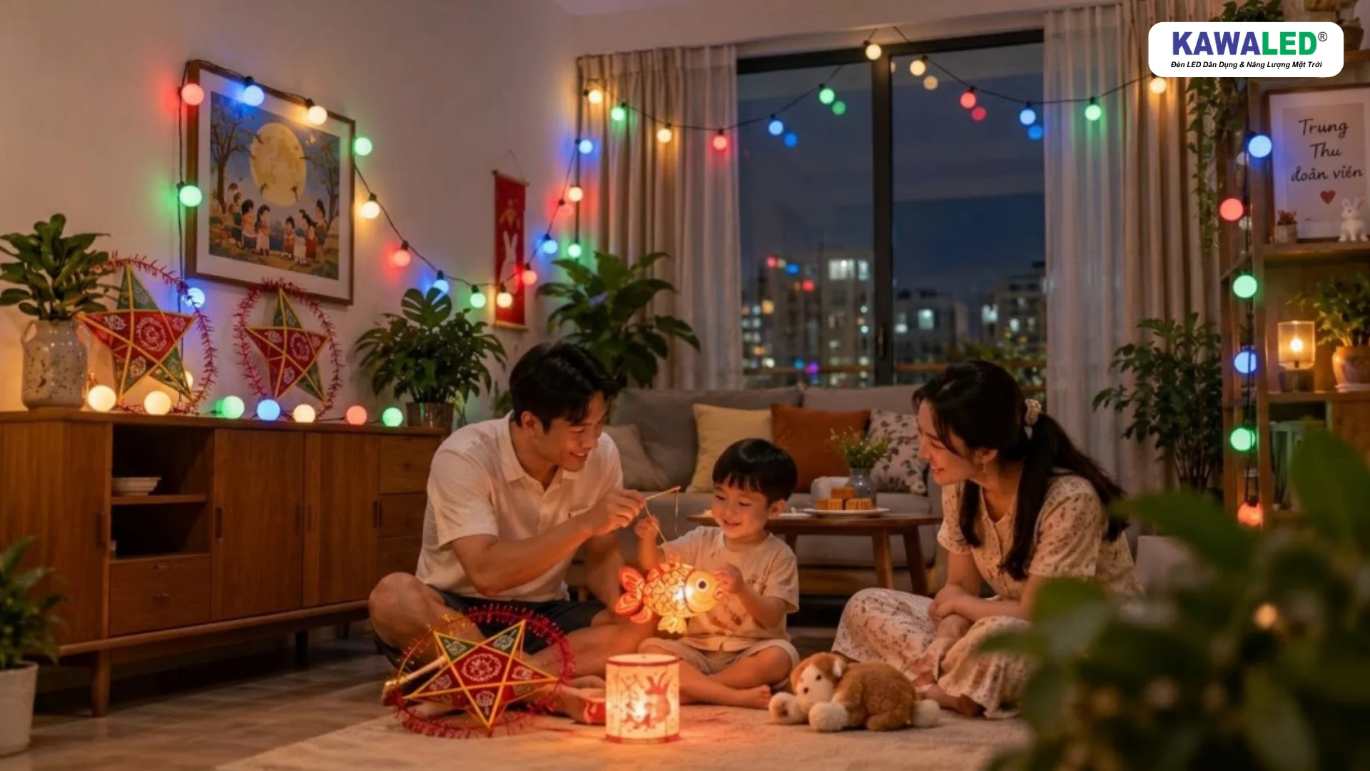 Trang trí Trung Thu tại nhà cho bé với đèn nhiều màu và không gian sinh hoạt an toàn