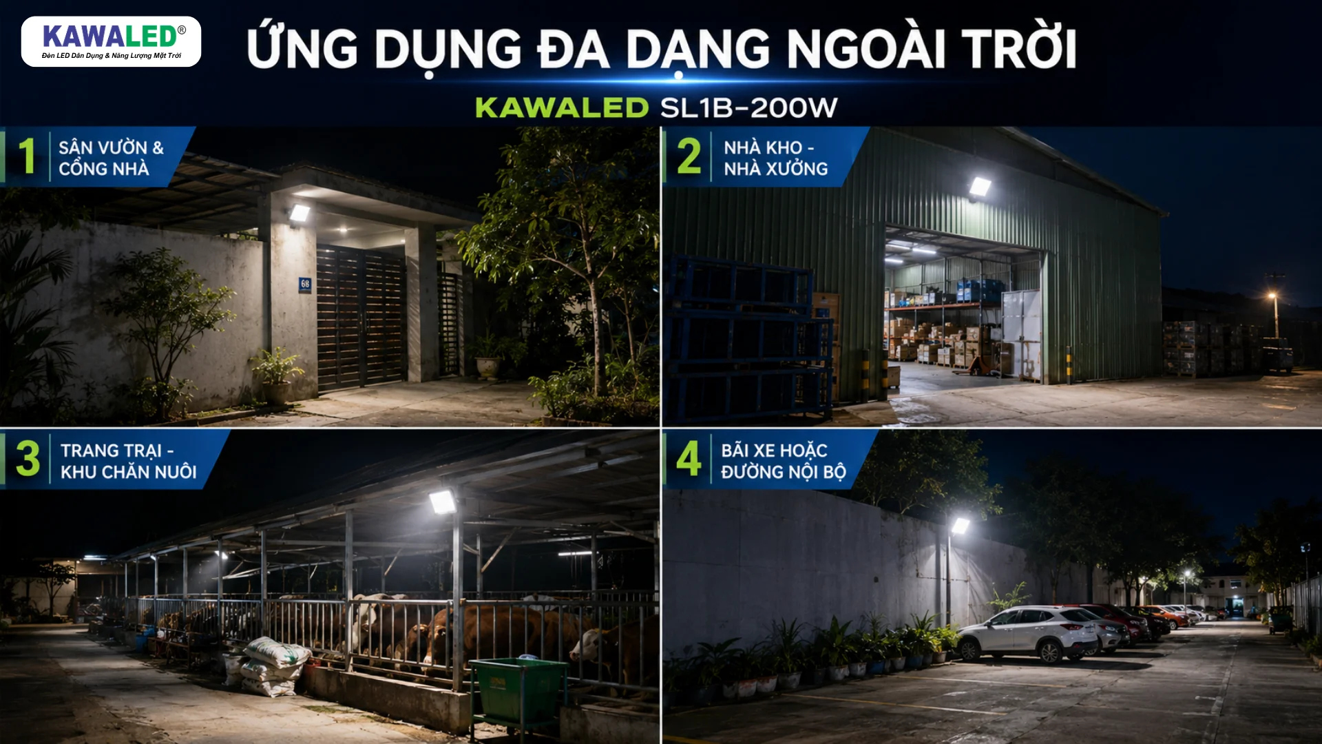 Ứng dụng đèn năng lượng mặt trời 200W cho sân vườn nhà xưởng trang trại bãi xe