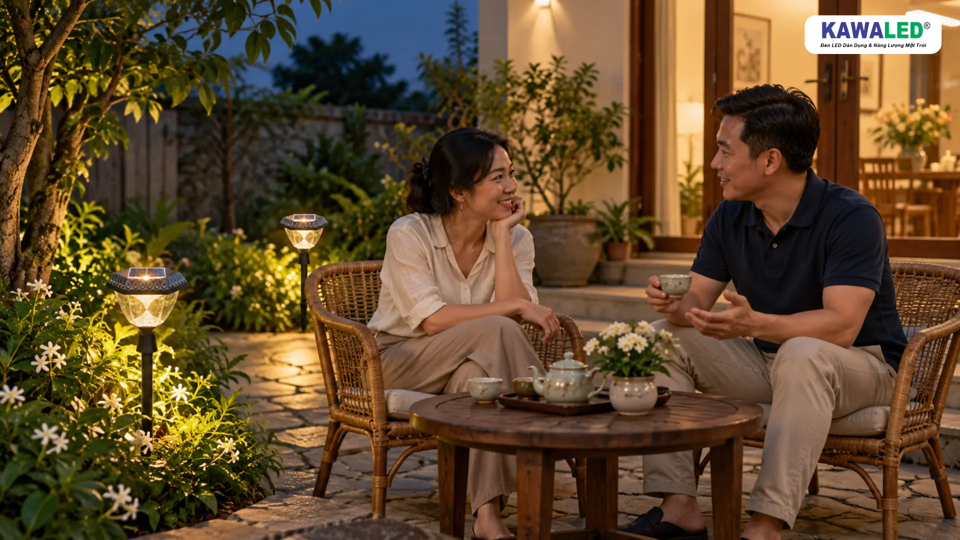 Vợ chồng ngồi uống trà ngoài sân, hai đèn cắm cỏ sáng vàng bên bồn cây.